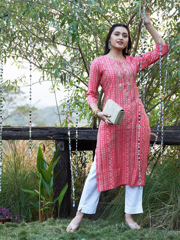 Ethnic Stripes Printed & Embroidered Straight Fit Kurta - Pink - Indiakreations