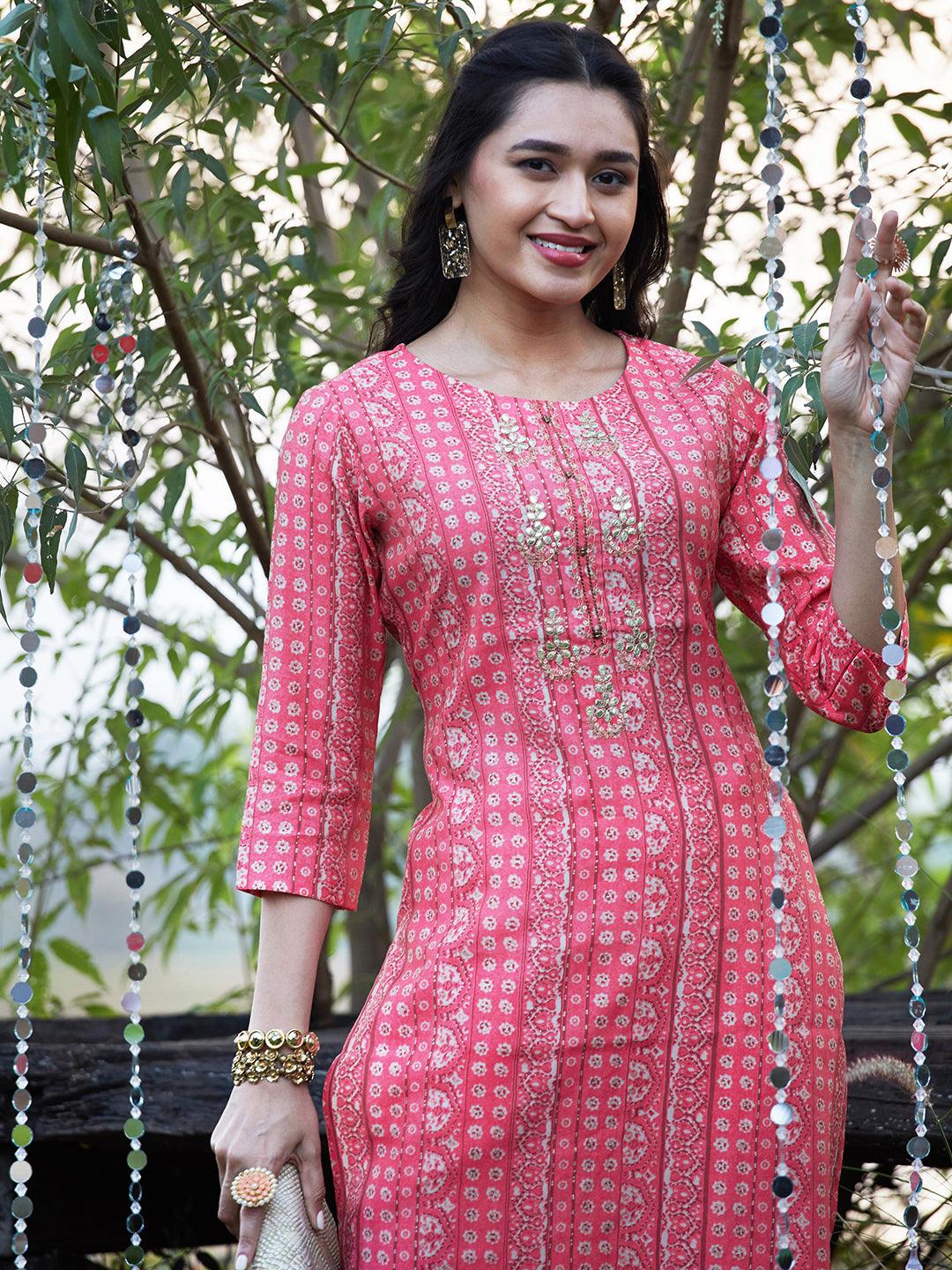 Ethnic Stripes Printed & Embroidered Straight Fit Kurta - Pink - Indiakreations