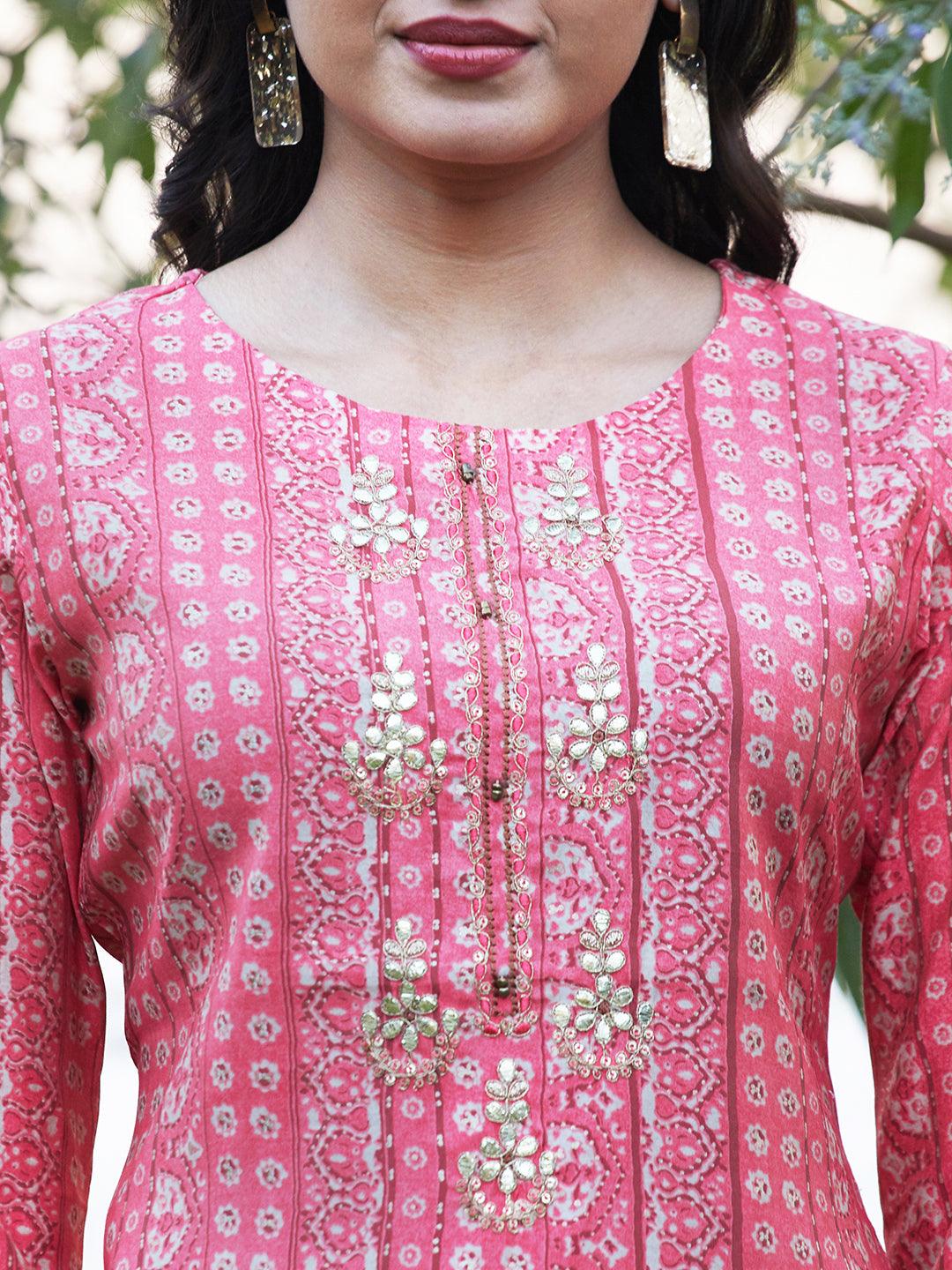 Ethnic Stripes Printed & Embroidered Straight Fit Kurta - Pink - Indiakreations