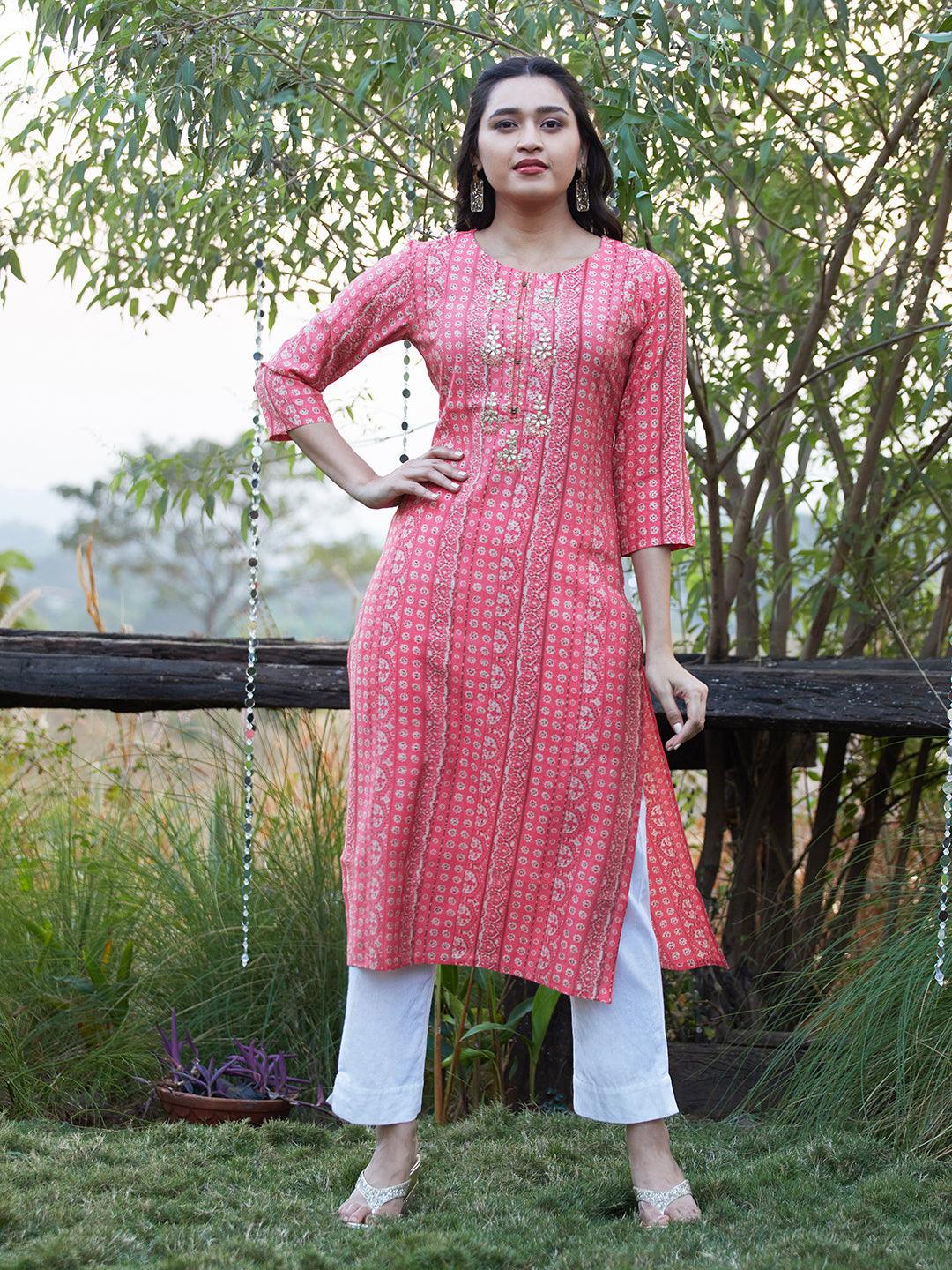 Ethnic Stripes Printed & Embroidered Straight Fit Kurta - Pink - Indiakreations