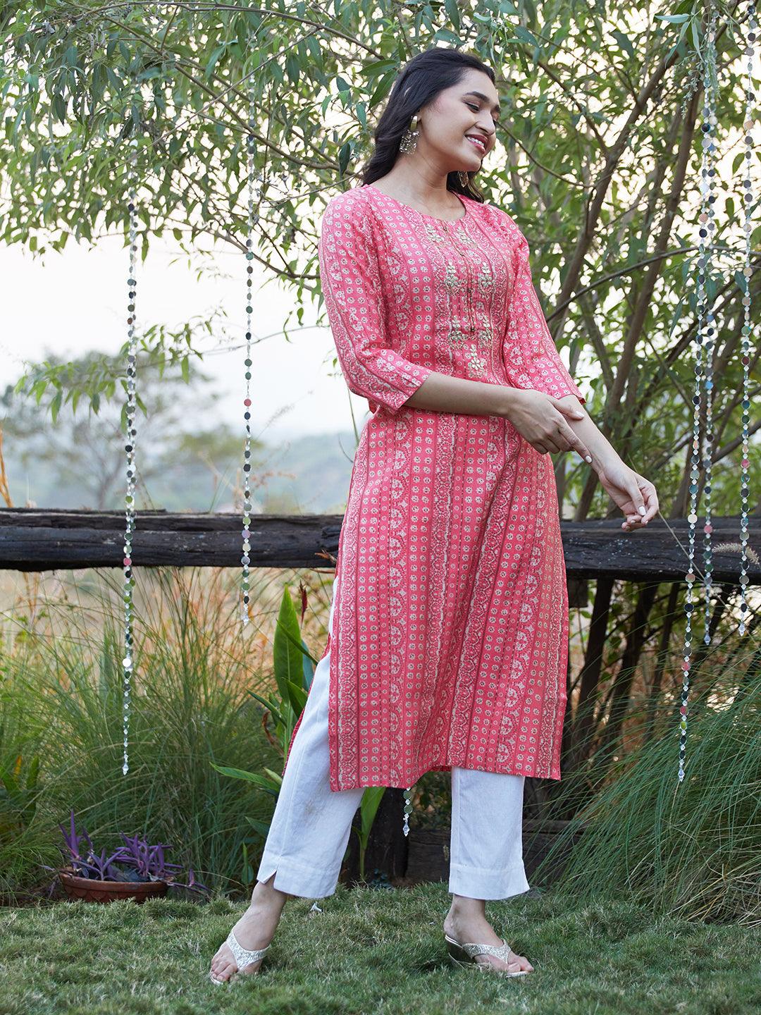 Ethnic Stripes Printed & Embroidered Straight Fit Kurta - Pink - Indiakreations