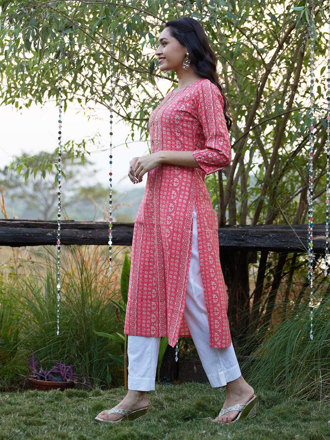 Ethnic Stripes Printed & Embroidered Straight Fit Kurta - Pink - Indiakreations