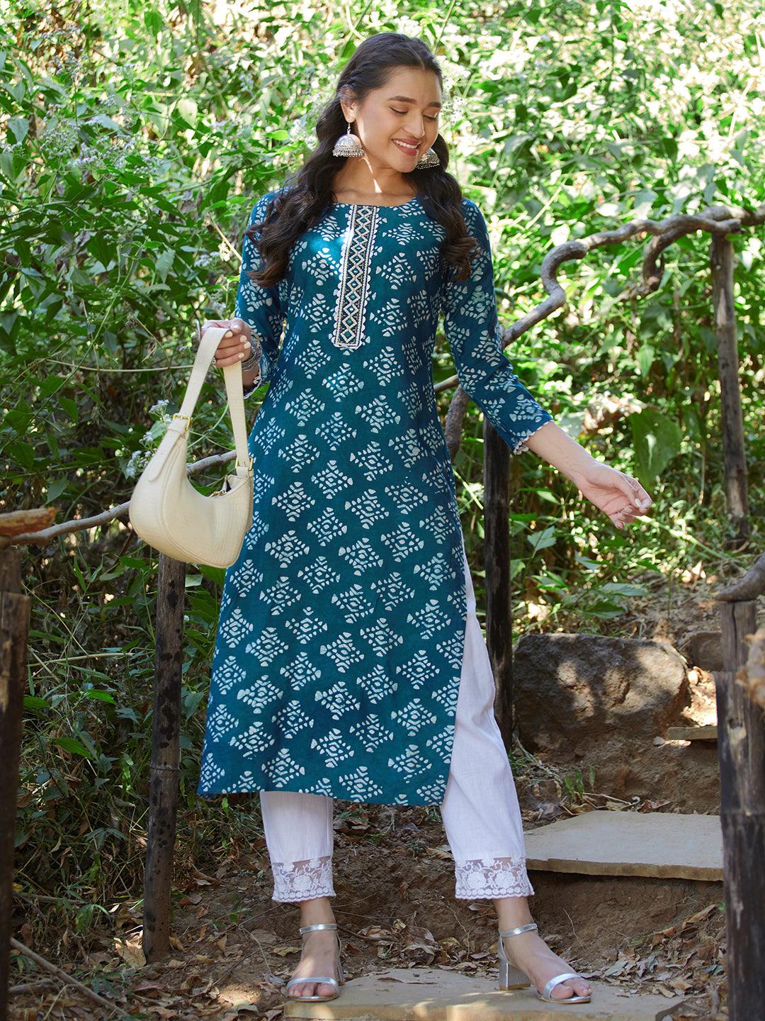 Ethnic Printed & Embroidered Straight Fit Kurta - Teal Blue - Indiakreations