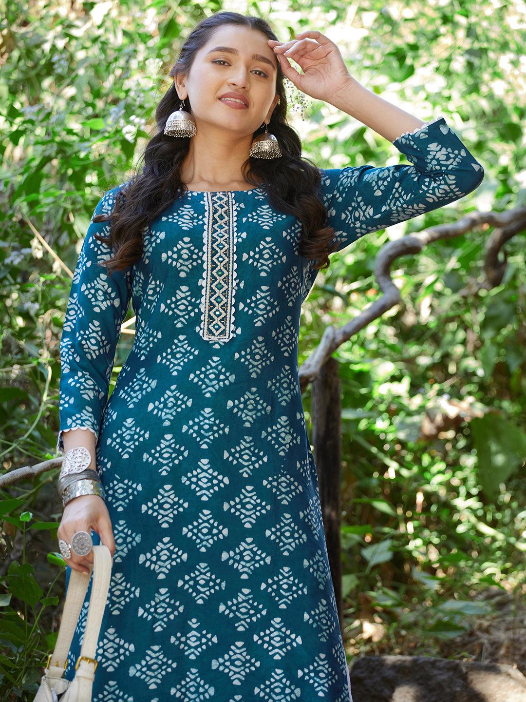 Ethnic Printed & Embroidered Straight Fit Kurta - Teal Blue - Indiakreations