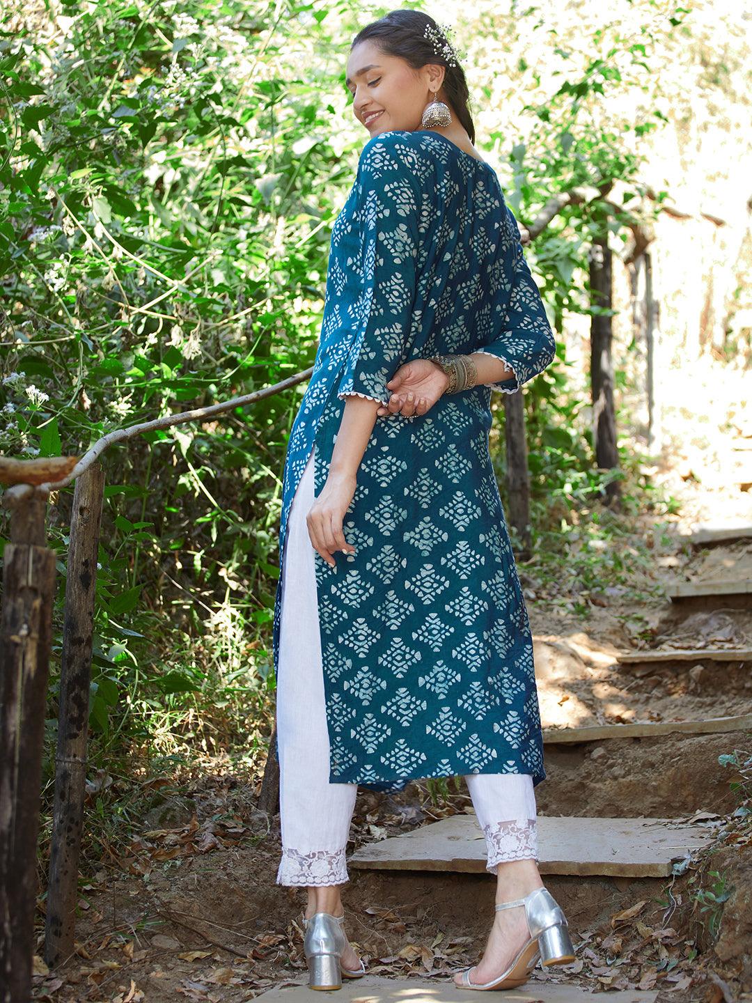 Ethnic Printed & Embroidered Straight Fit Kurta - Teal Blue - Indiakreations