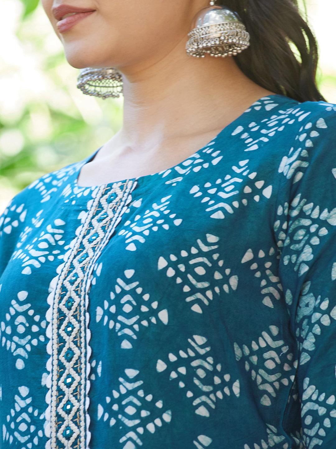 Ethnic Printed & Embroidered Straight Fit Kurta - Teal Blue - Indiakreations