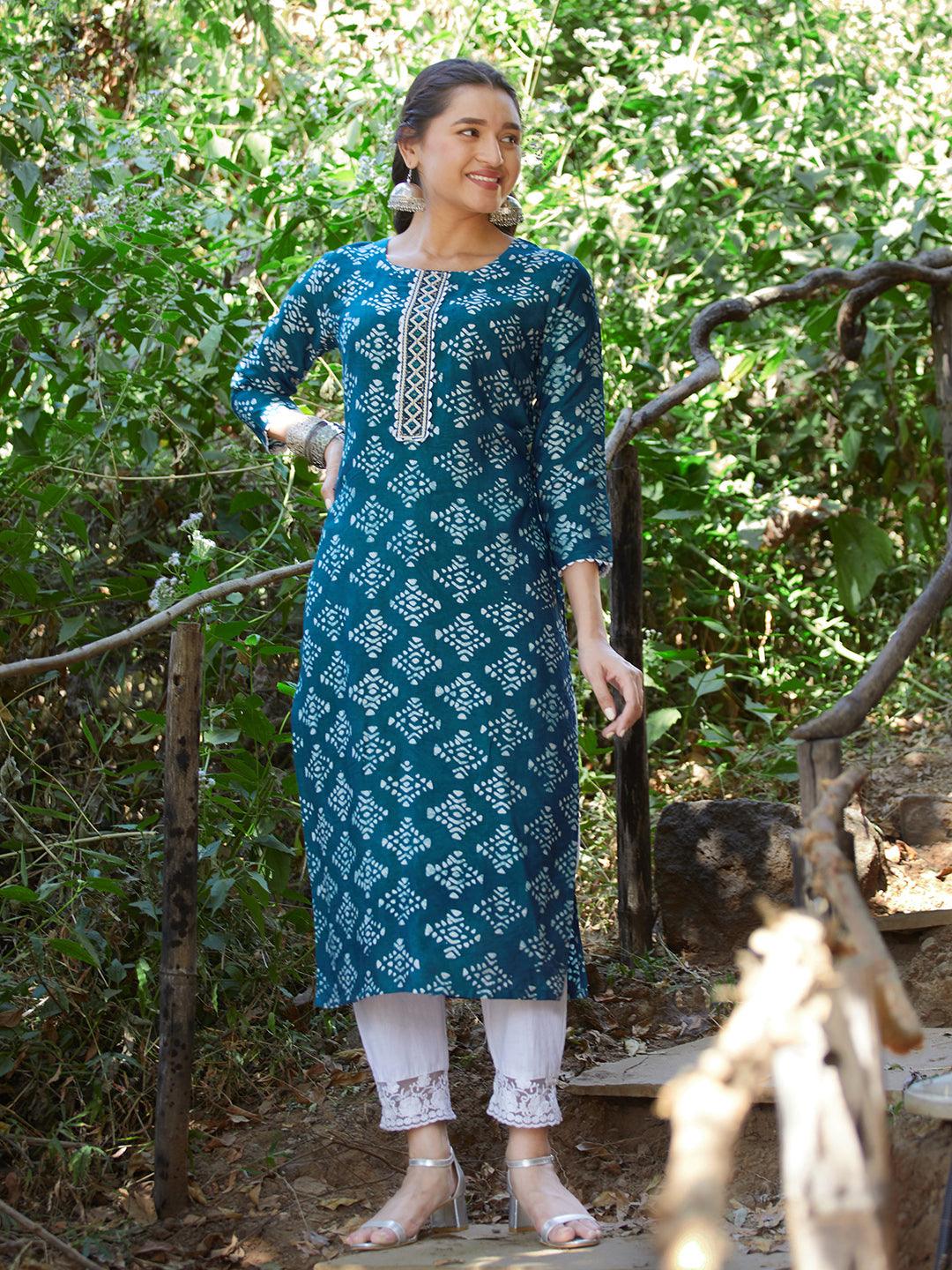 Ethnic Printed & Embroidered Straight Fit Kurta - Teal Blue - Indiakreations