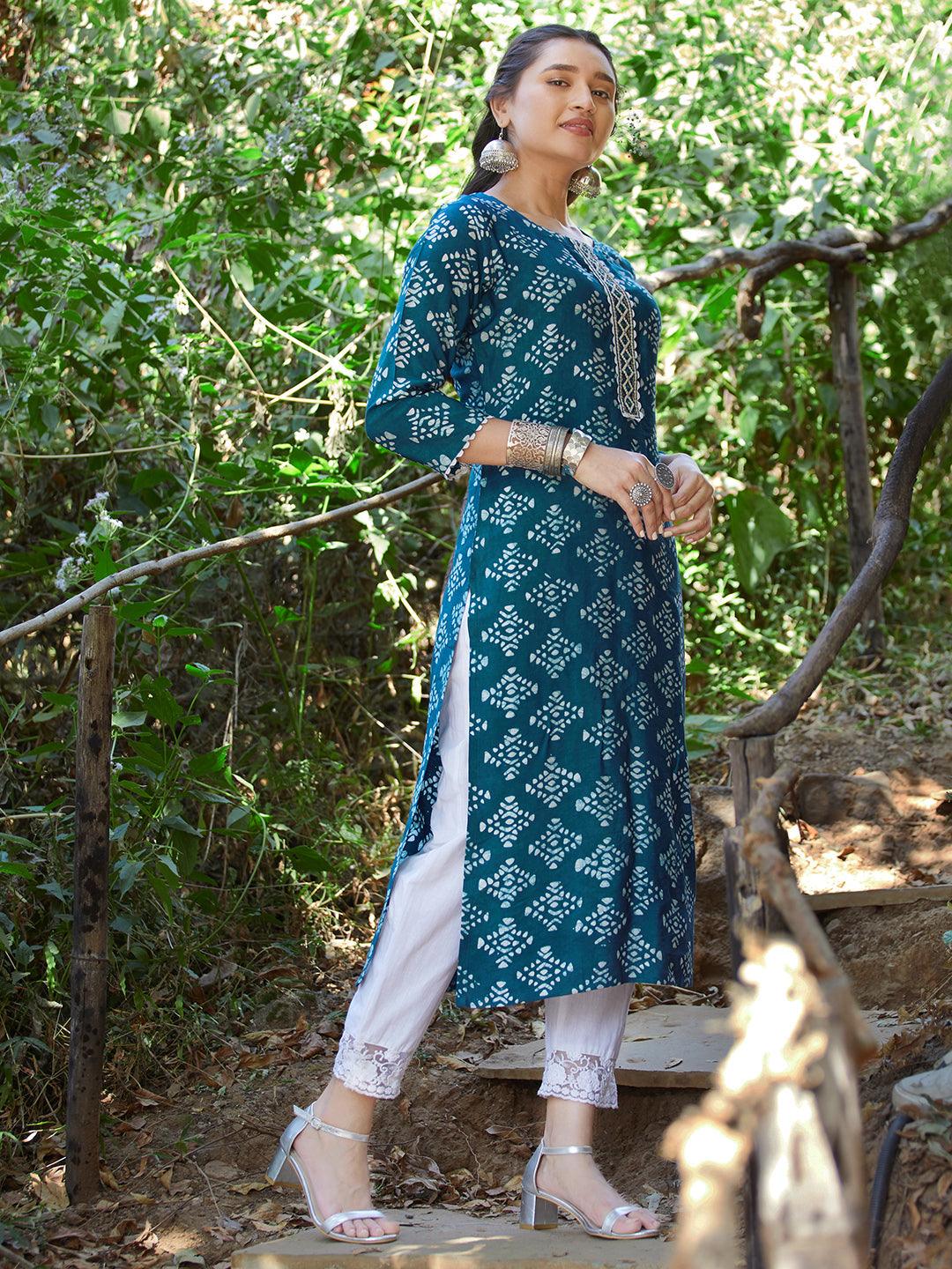 Ethnic Printed & Embroidered Straight Fit Kurta - Teal Blue - Indiakreations