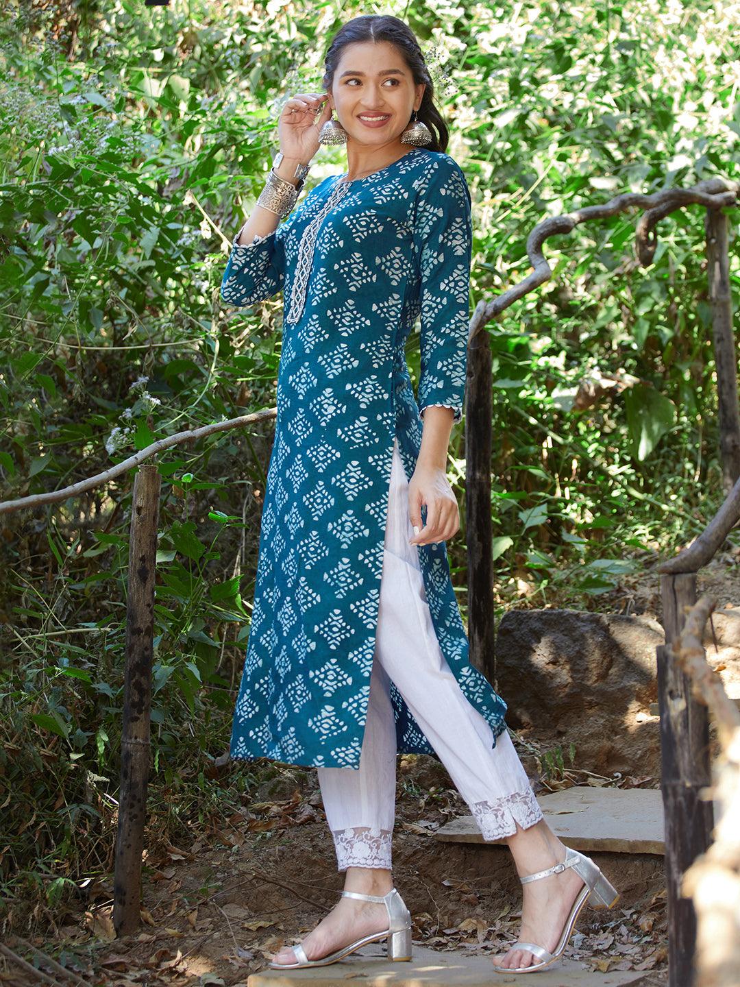 Ethnic Printed & Embroidered Straight Fit Kurta - Teal Blue - Indiakreations