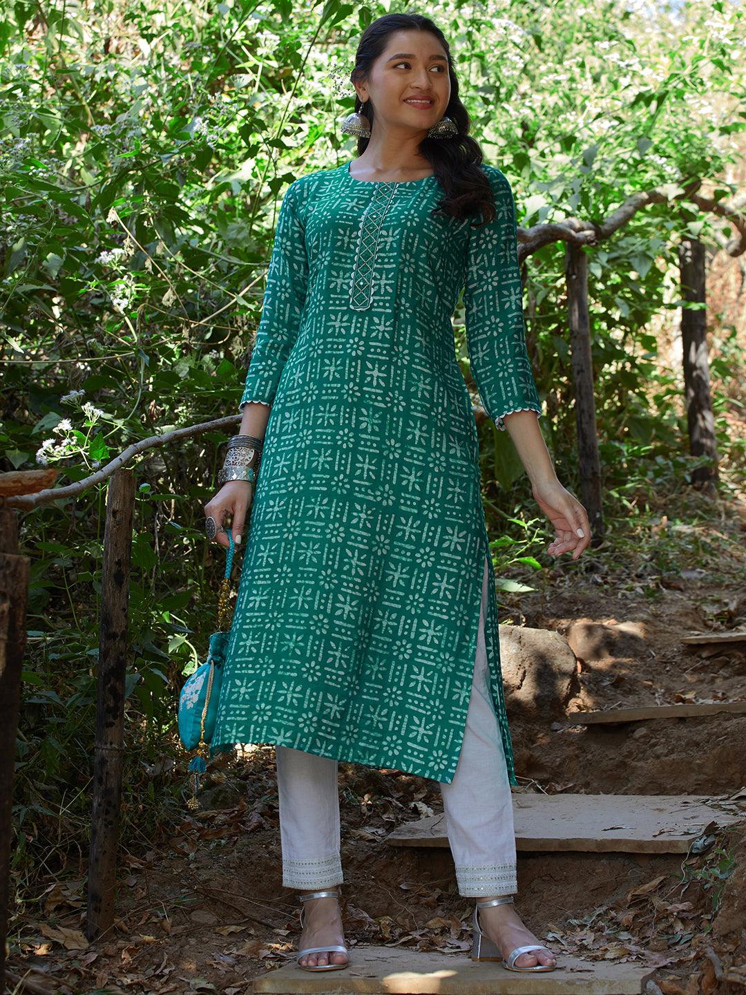 Ethnic Printed Straight Fit Kurta - Green - Indiakreations