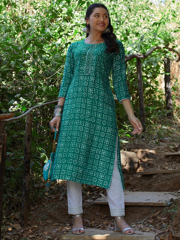 Ethnic Printed Straight Fit Kurta - Green - Indiakreations