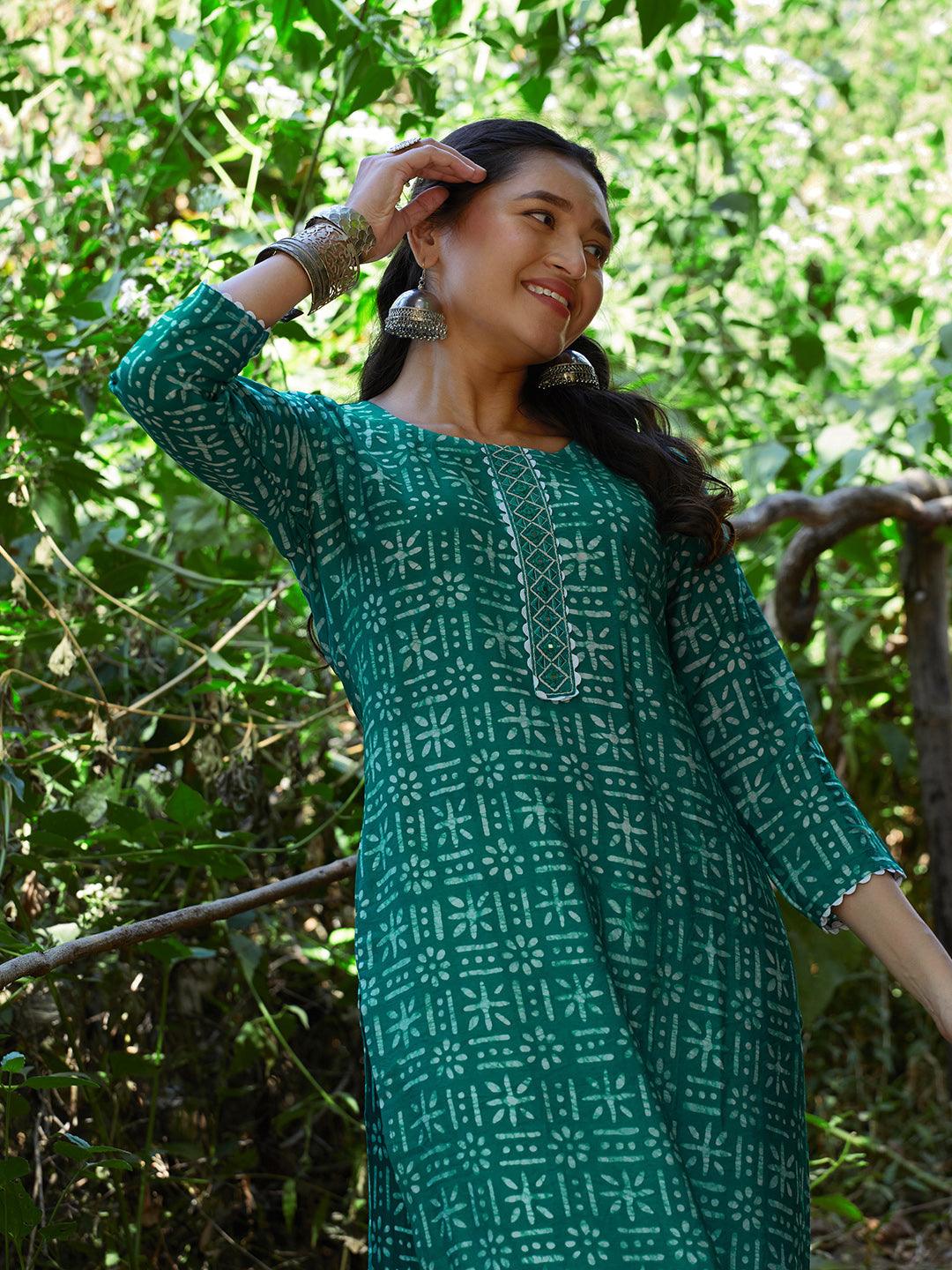 Ethnic Printed Straight Fit Kurta - Green - Indiakreations