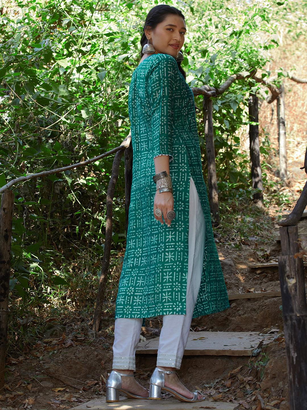 Ethnic Printed Straight Fit Kurta - Green - Indiakreations