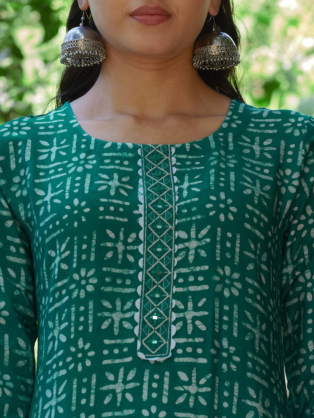 Ethnic Printed Straight Fit Kurta - Green - Indiakreations