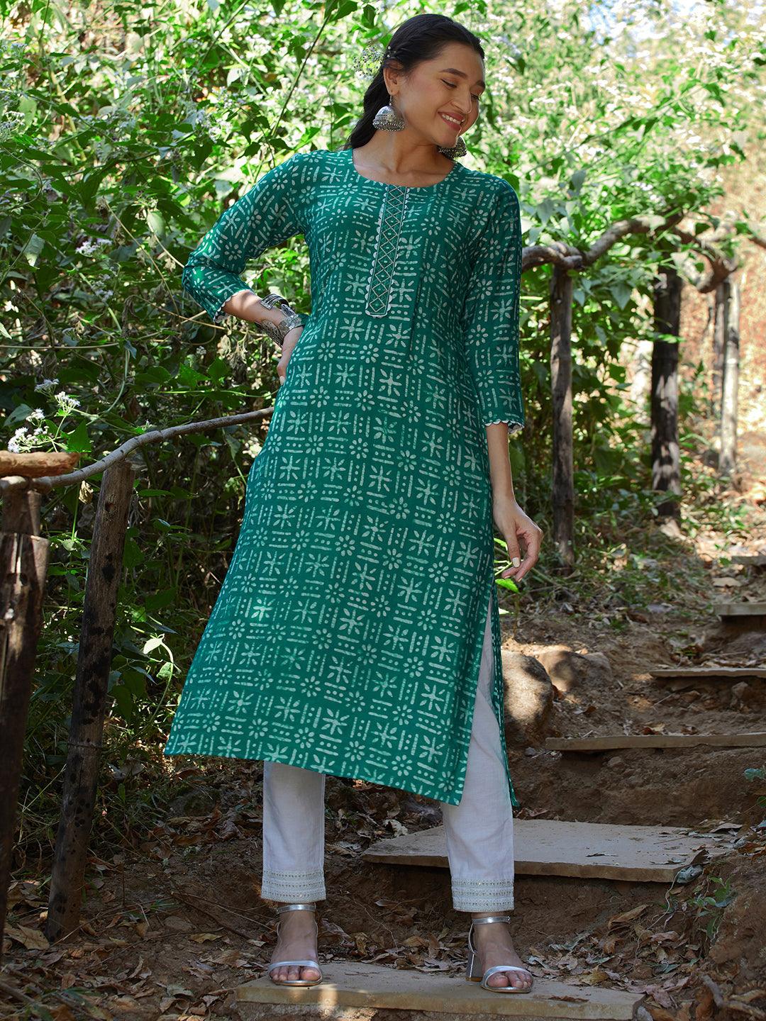 Ethnic Printed Straight Fit Kurta - Green - Indiakreations