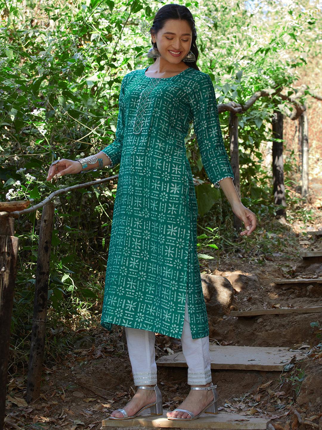 Ethnic Printed Straight Fit Kurta - Green - Indiakreations