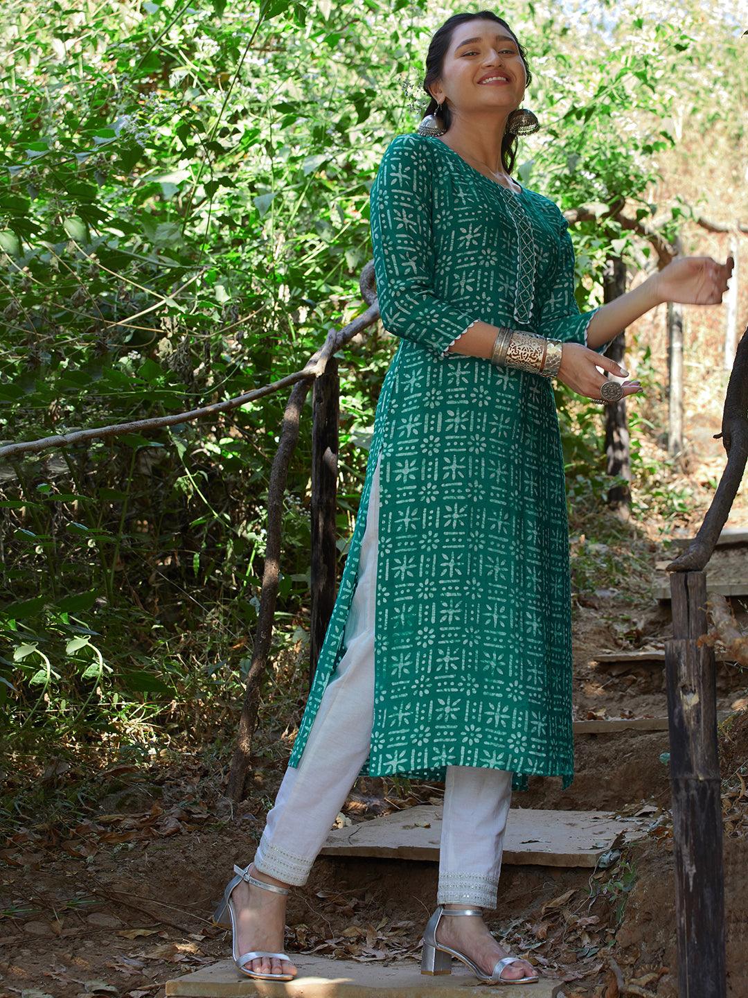 Ethnic Printed Straight Fit Kurta - Green - Indiakreations