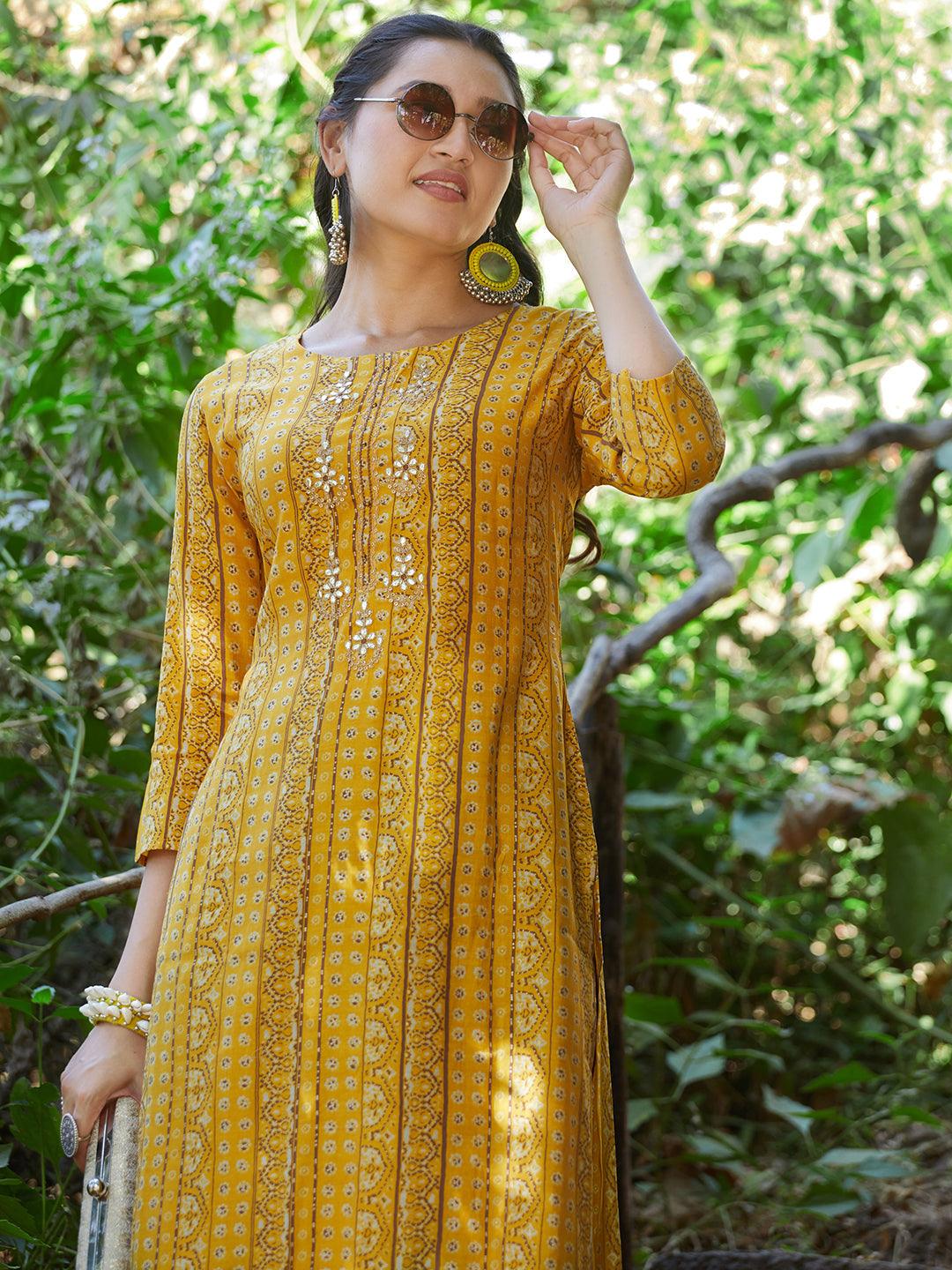 Ethnic Stripes Printed & Embroidered Straight Fit Kurta - Yellow - Indiakreations