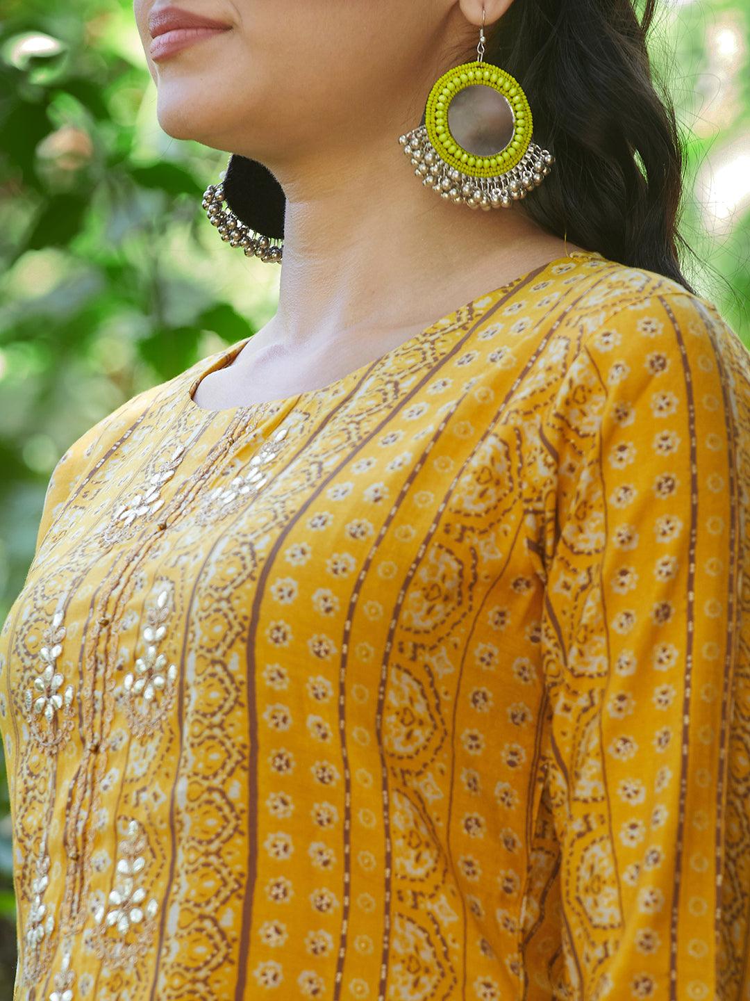 Ethnic Stripes Printed & Embroidered Straight Fit Kurta - Yellow - Indiakreations