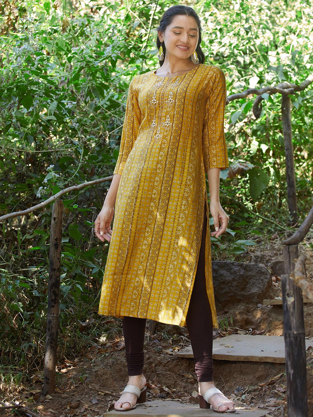 Ethnic Stripes Printed & Embroidered Straight Fit Kurta - Yellow - Indiakreations