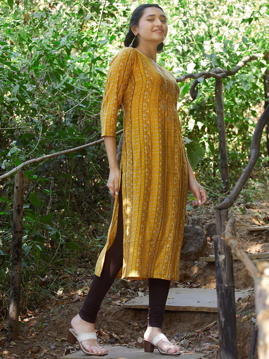 Ethnic Stripes Printed & Embroidered Straight Fit Kurta - Yellow - Indiakreations