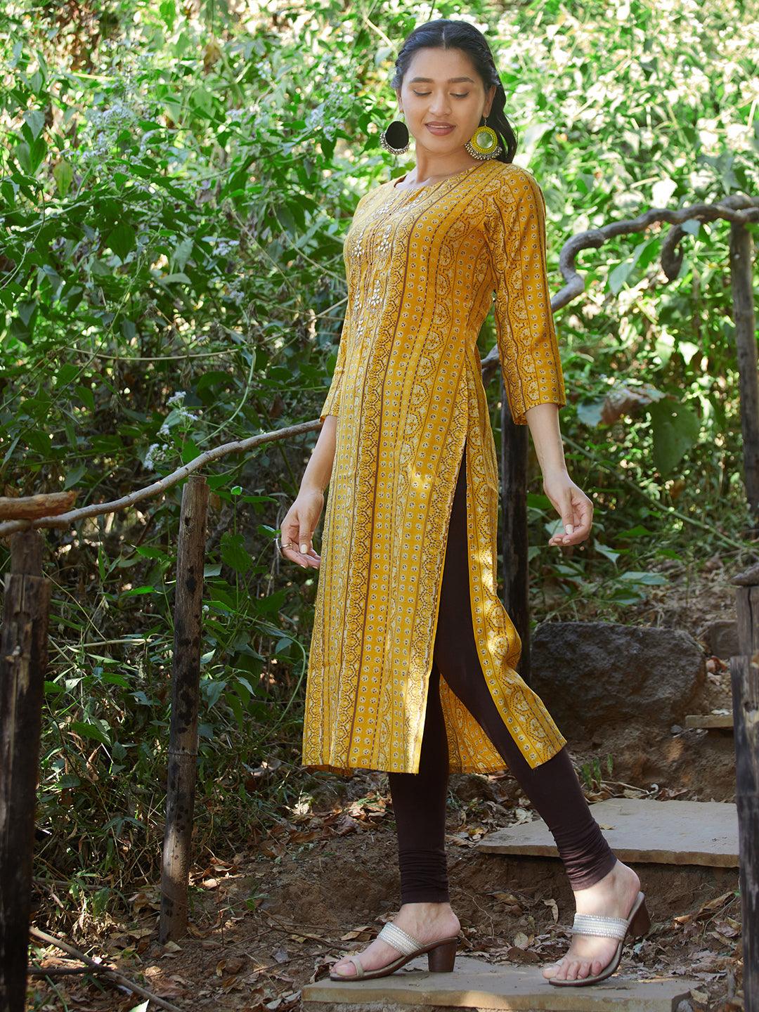 Ethnic Stripes Printed & Embroidered Straight Fit Kurta - Yellow - Indiakreations