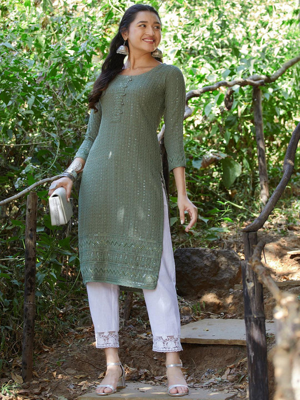 Chikankari Embroidered Straight Fit Kurta - Green - Indiakreations