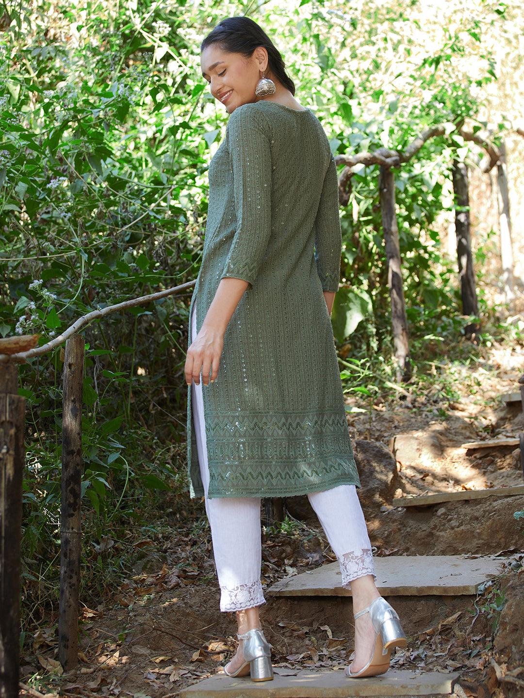 Chikankari Embroidered Straight Fit Kurta - Green - Indiakreations