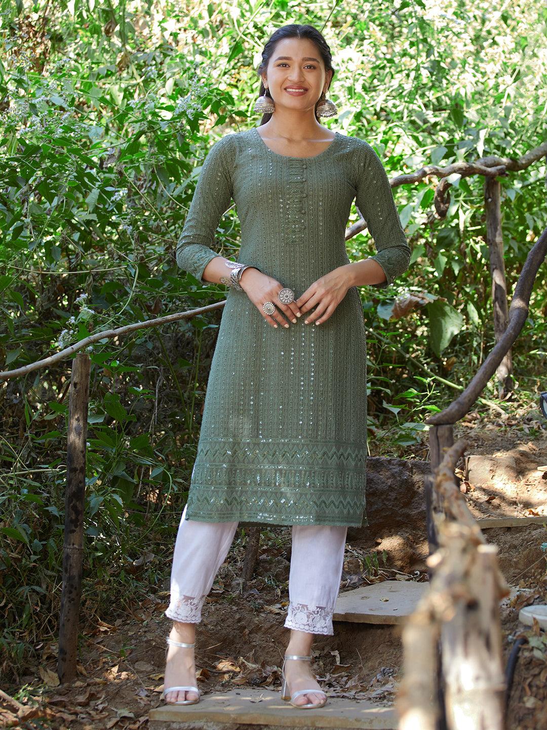 Chikankari Embroidered Straight Fit Kurta - Green - Indiakreations