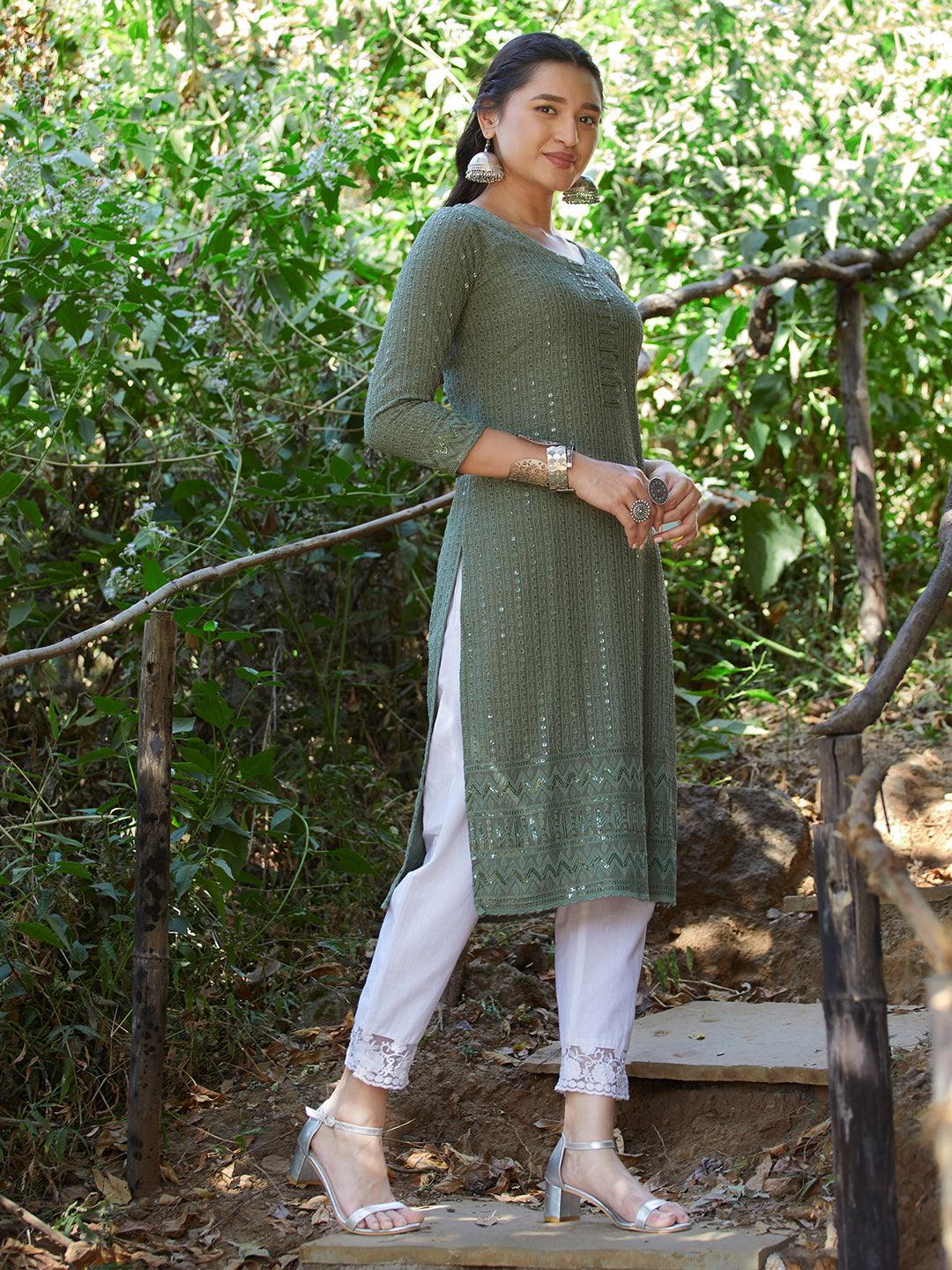 Chikankari Embroidered Straight Fit Kurta - Green - Indiakreations