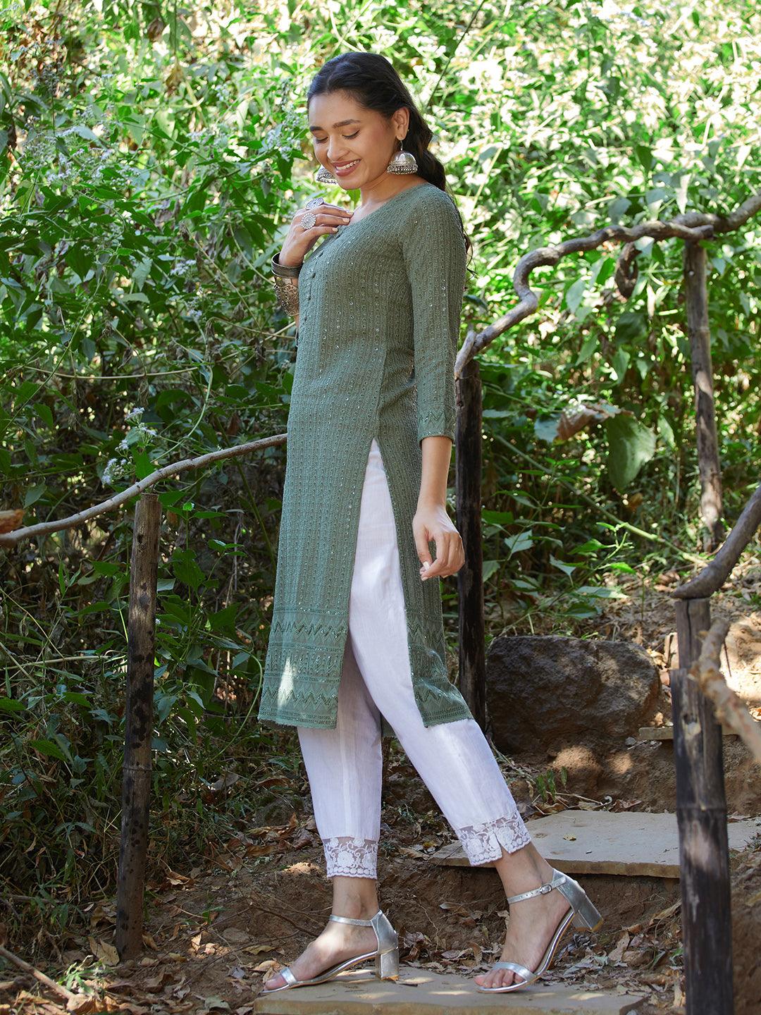 Chikankari Embroidered Straight Fit Kurta - Green - Indiakreations