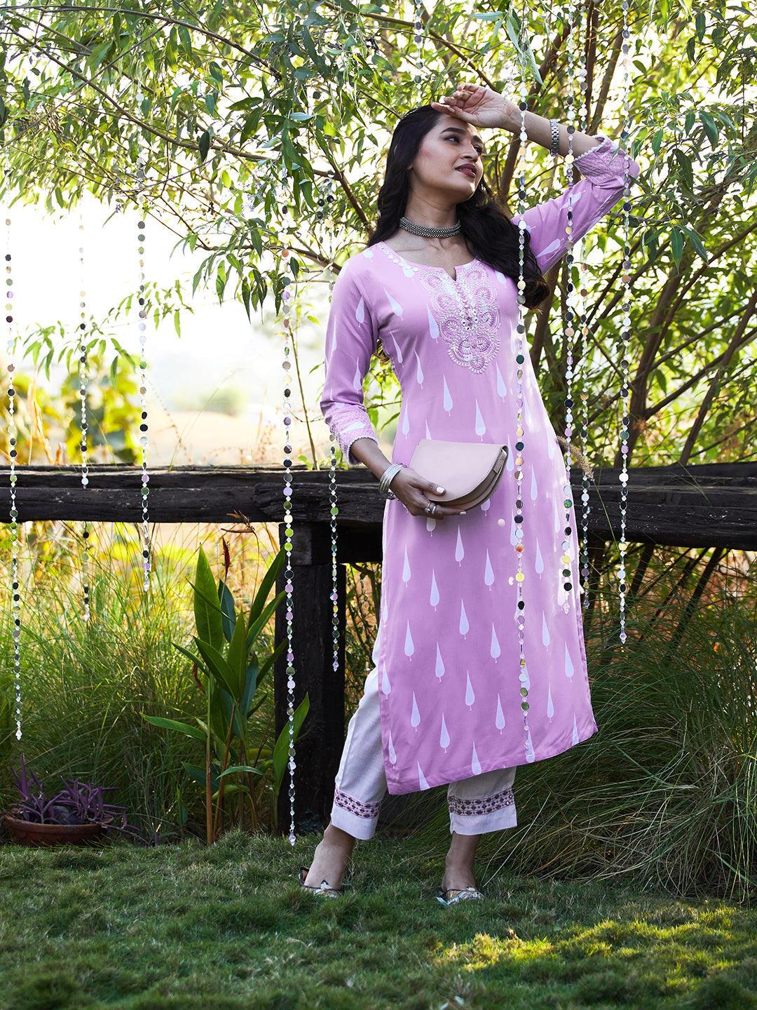 Ethnic Printed & Embroidered Straight Fit Kurta with Pant - Lavender - Indiakreations