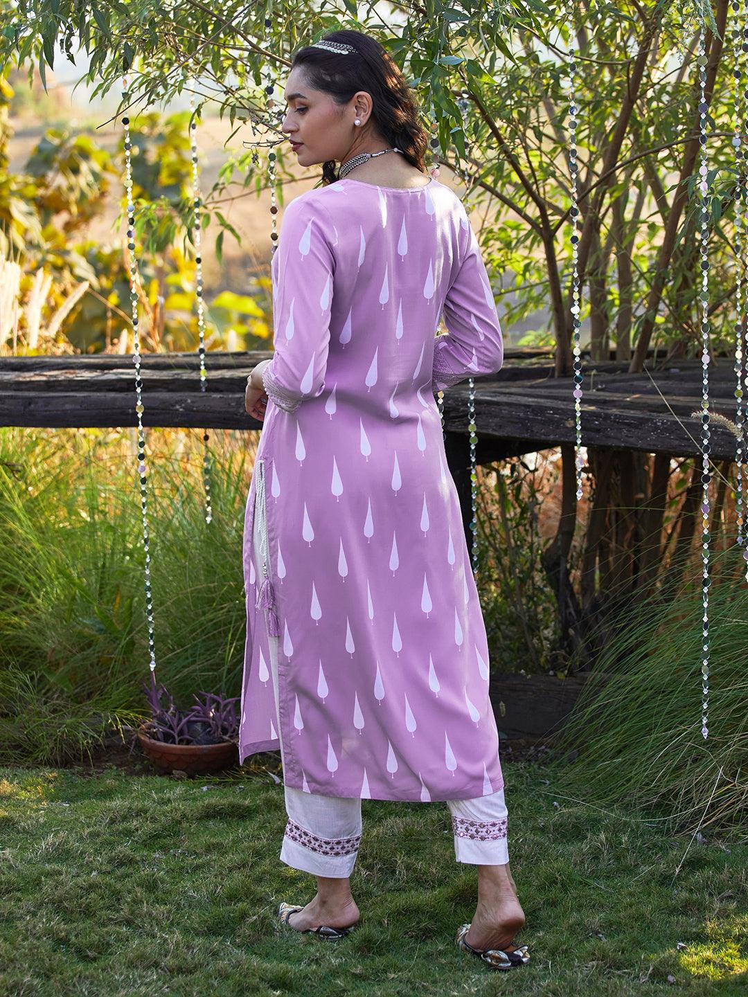 Ethnic Printed & Embroidered Straight Fit Kurta with Pant - Lavender - Indiakreations