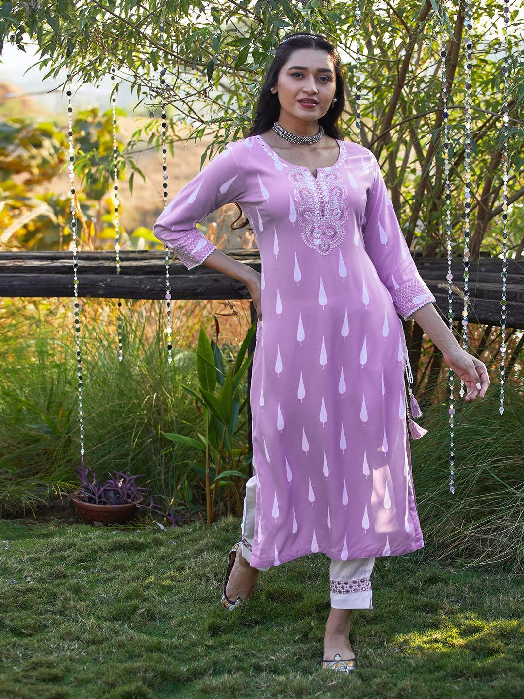 Ethnic Printed & Embroidered Straight Fit Kurta with Pant - Lavender - Indiakreations