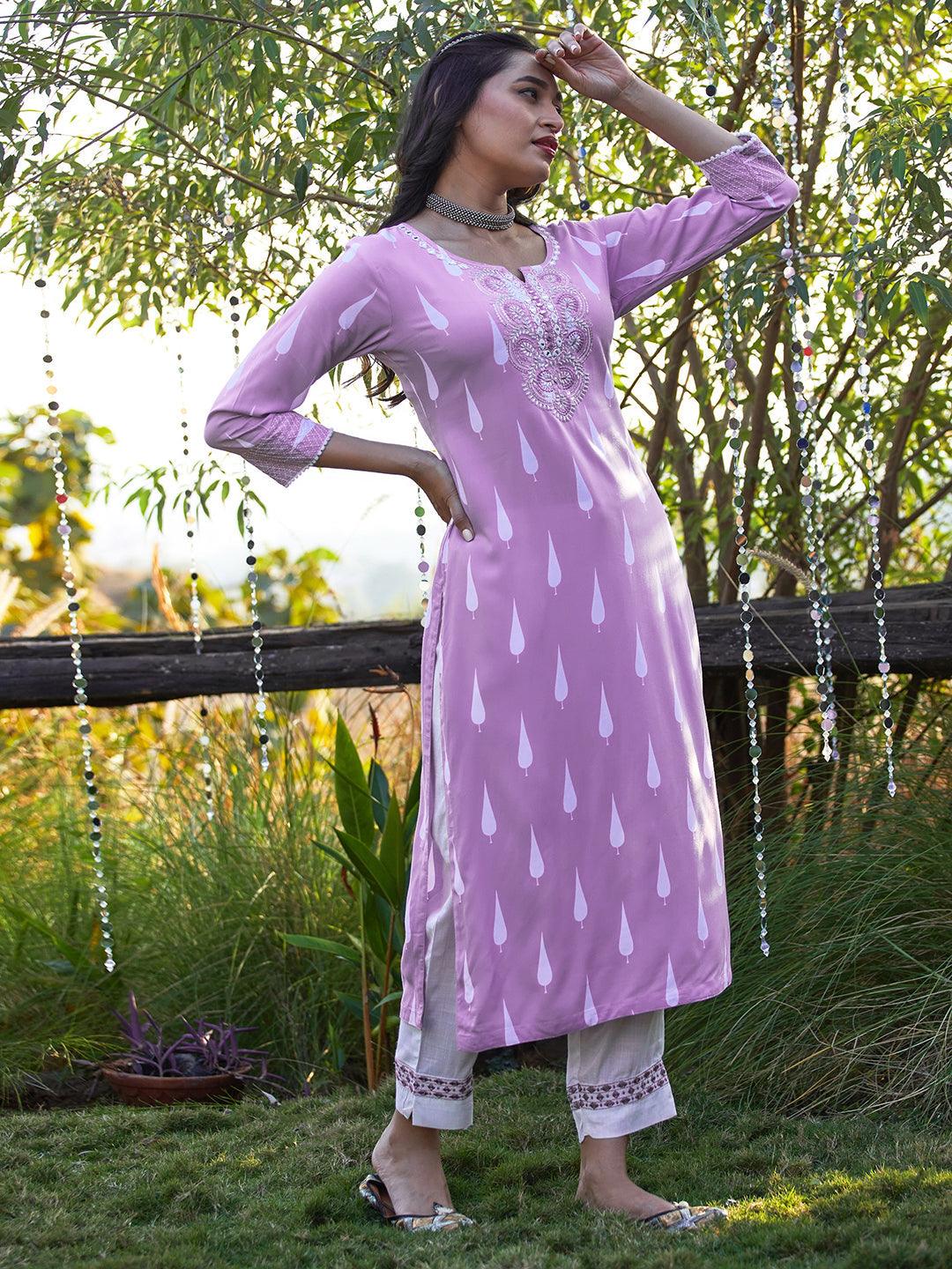 Ethnic Printed & Embroidered Straight Fit Kurta with Pant - Lavender - Indiakreations