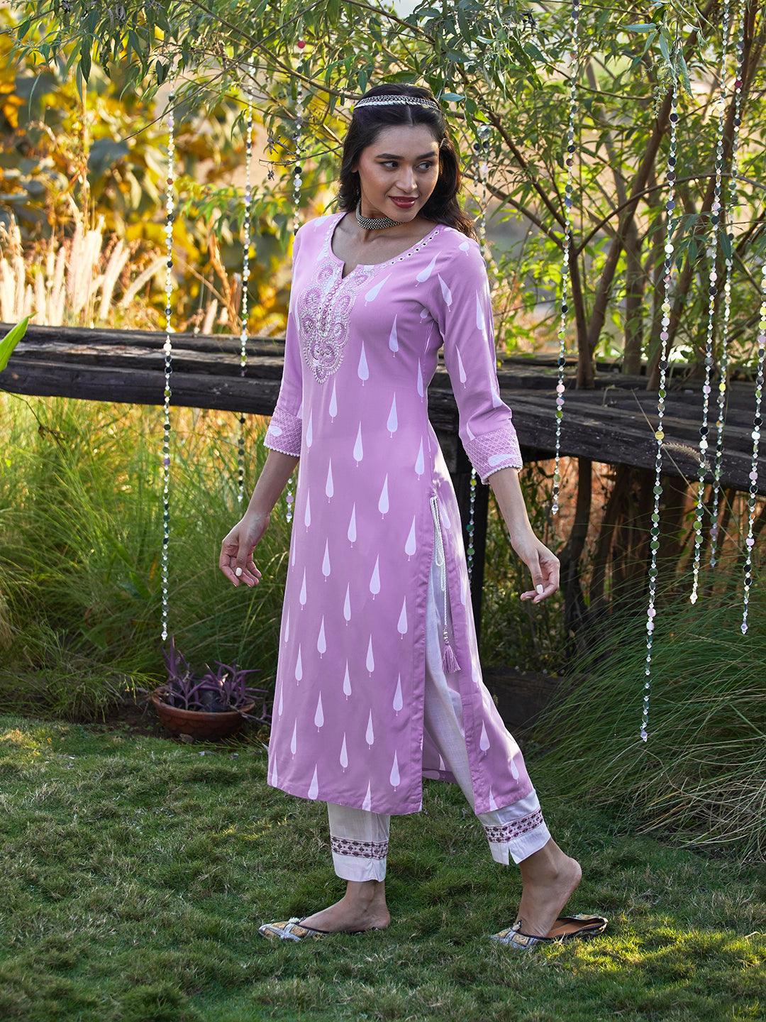 Ethnic Printed & Embroidered Straight Fit Kurta with Pant - Lavender - Indiakreations