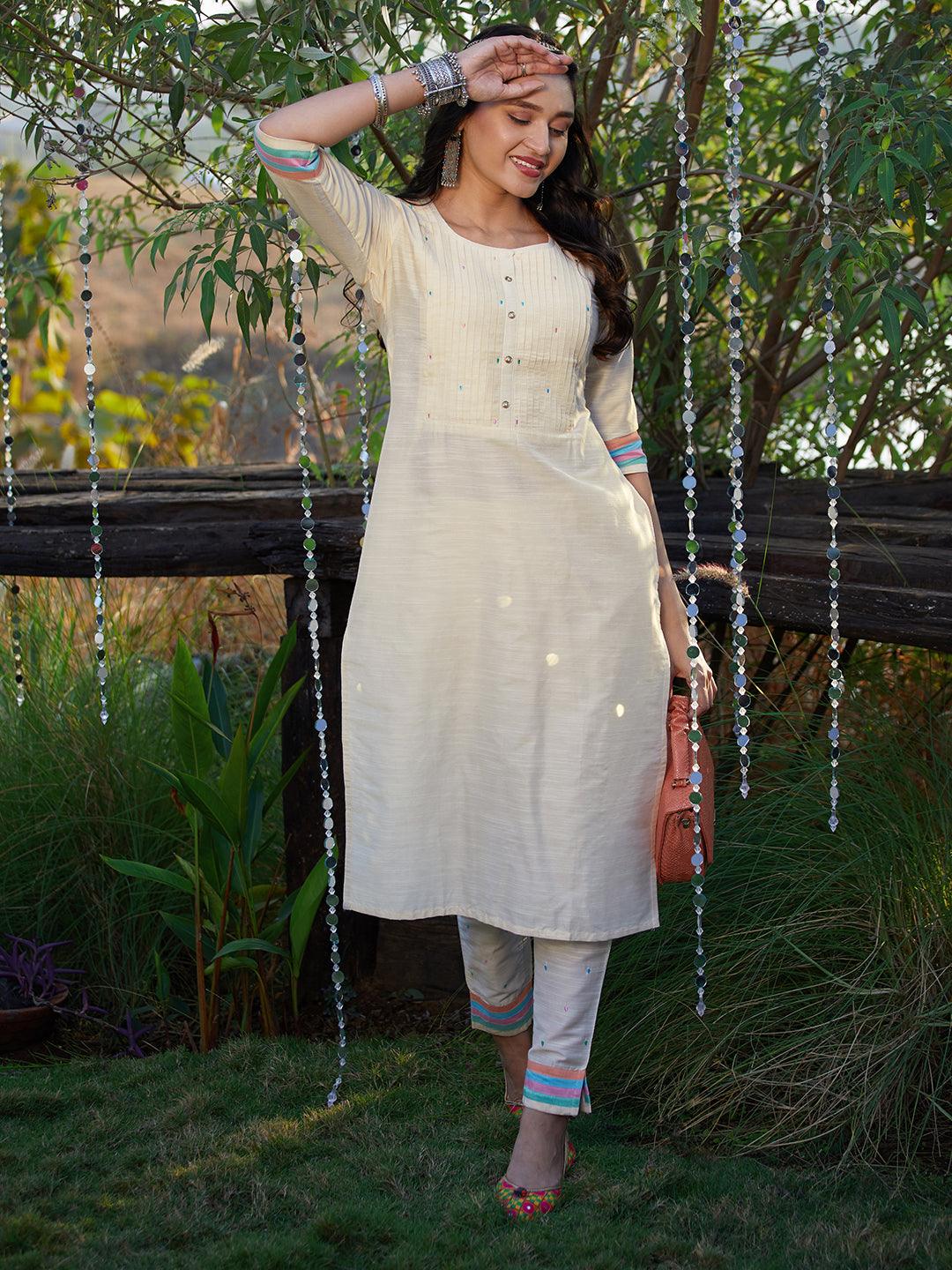 Solid Colorblocked Straight Kurta with Pant - Off White - Indiakreations