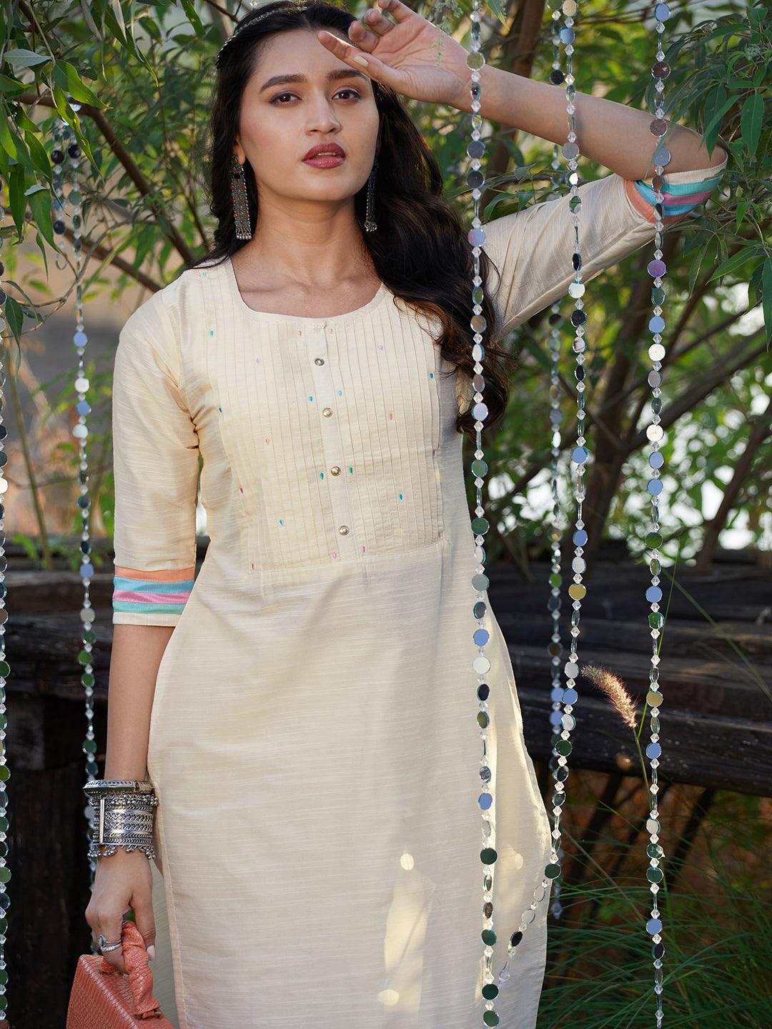 Solid Colorblocked Straight Kurta with Pant - Off White - Indiakreations