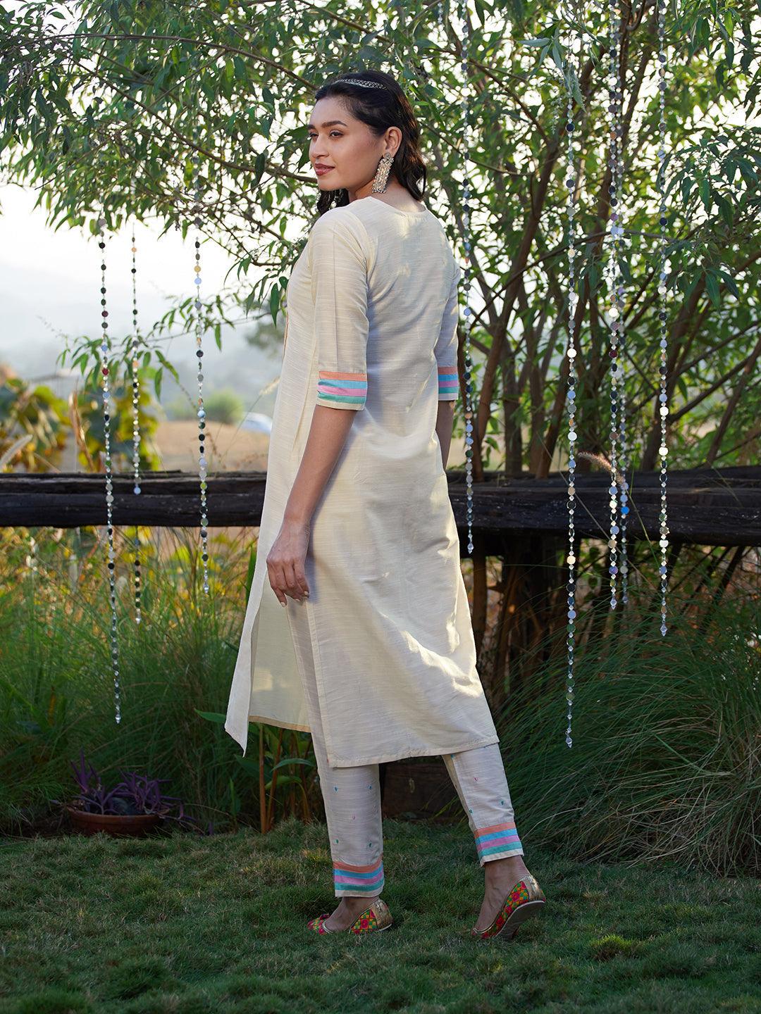 Solid Colorblocked Straight Kurta with Pant - Off White - Indiakreations