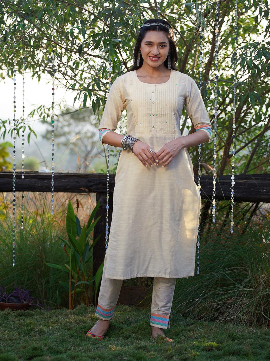 Solid Colorblocked Straight Kurta with Pant - Off White - Indiakreations