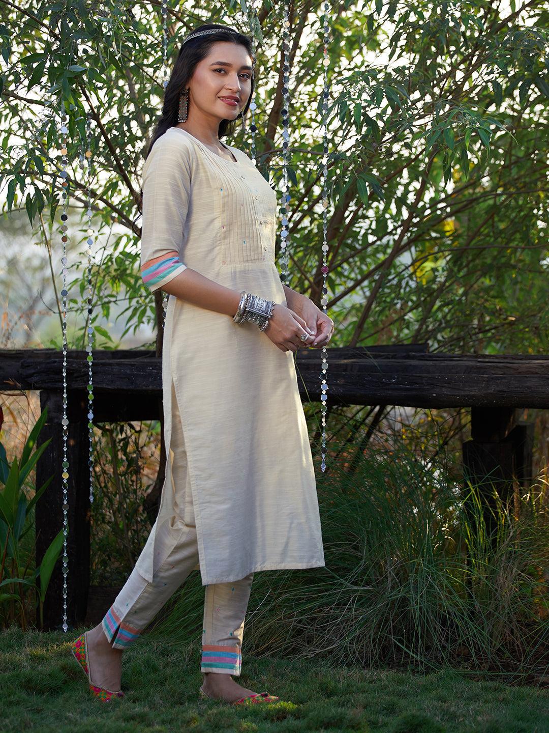 Solid Colorblocked Straight Kurta with Pant - Off White - Indiakreations