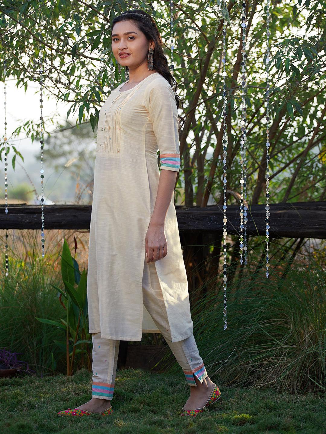 Solid Colorblocked Straight Kurta with Pant - Off White - Indiakreations