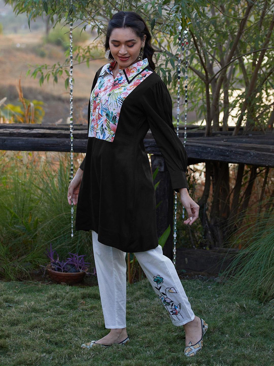 Abstract Floral Printed A-Line Kurta with Pant - Black - Indiakreations