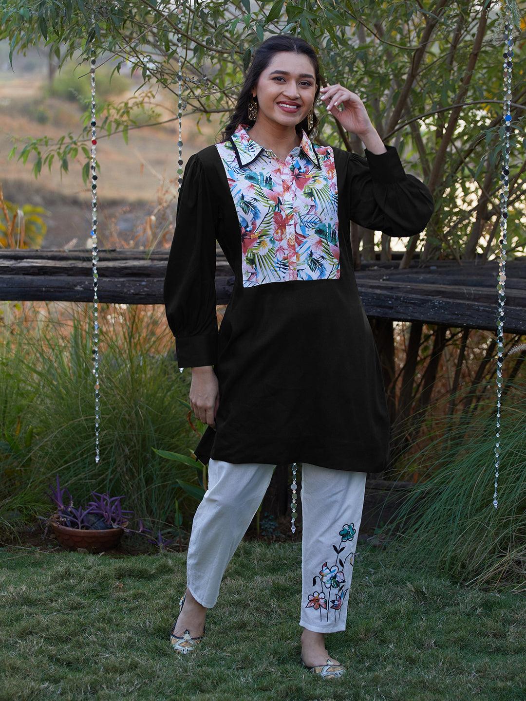 Abstract Floral Printed A-Line Kurta with Pant - Black - Indiakreations