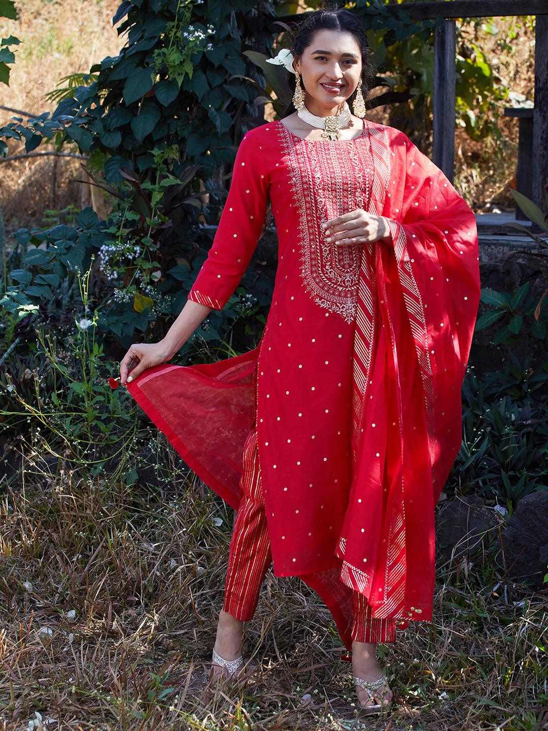 Solid Floral Embroidered Straight Fit Kurta with Pant & Dupatta - Red - Indiakreations