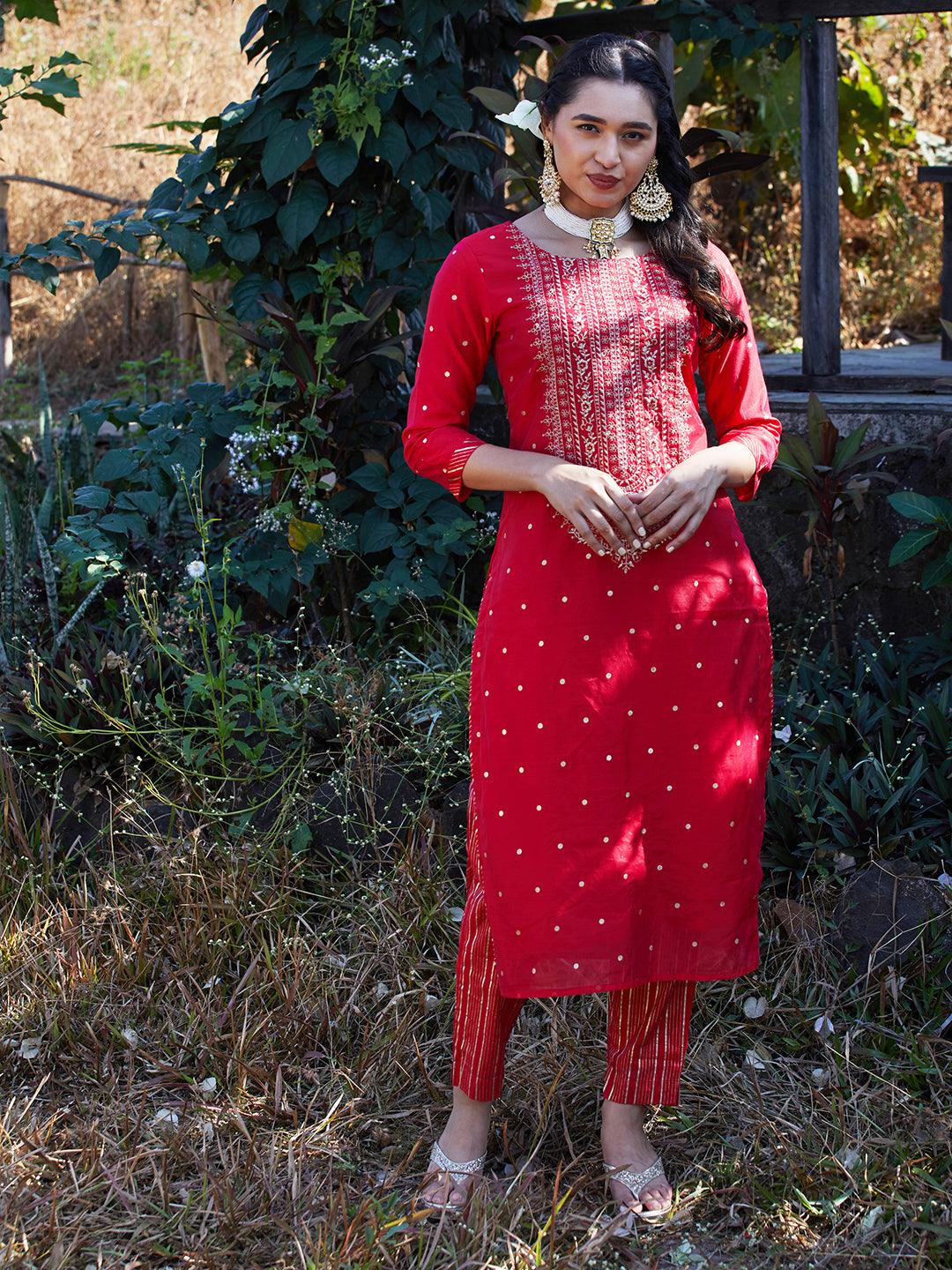 Solid Floral Embroidered Straight Fit Kurta with Pant & Dupatta - Red - Indiakreations