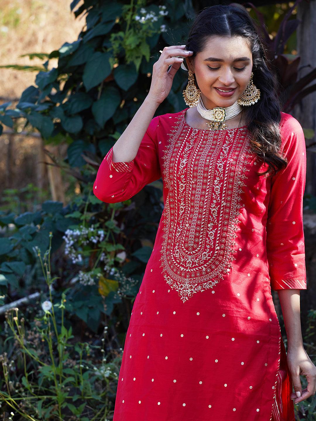 Solid Floral Embroidered Straight Fit Kurta with Pant & Dupatta - Red - Indiakreations