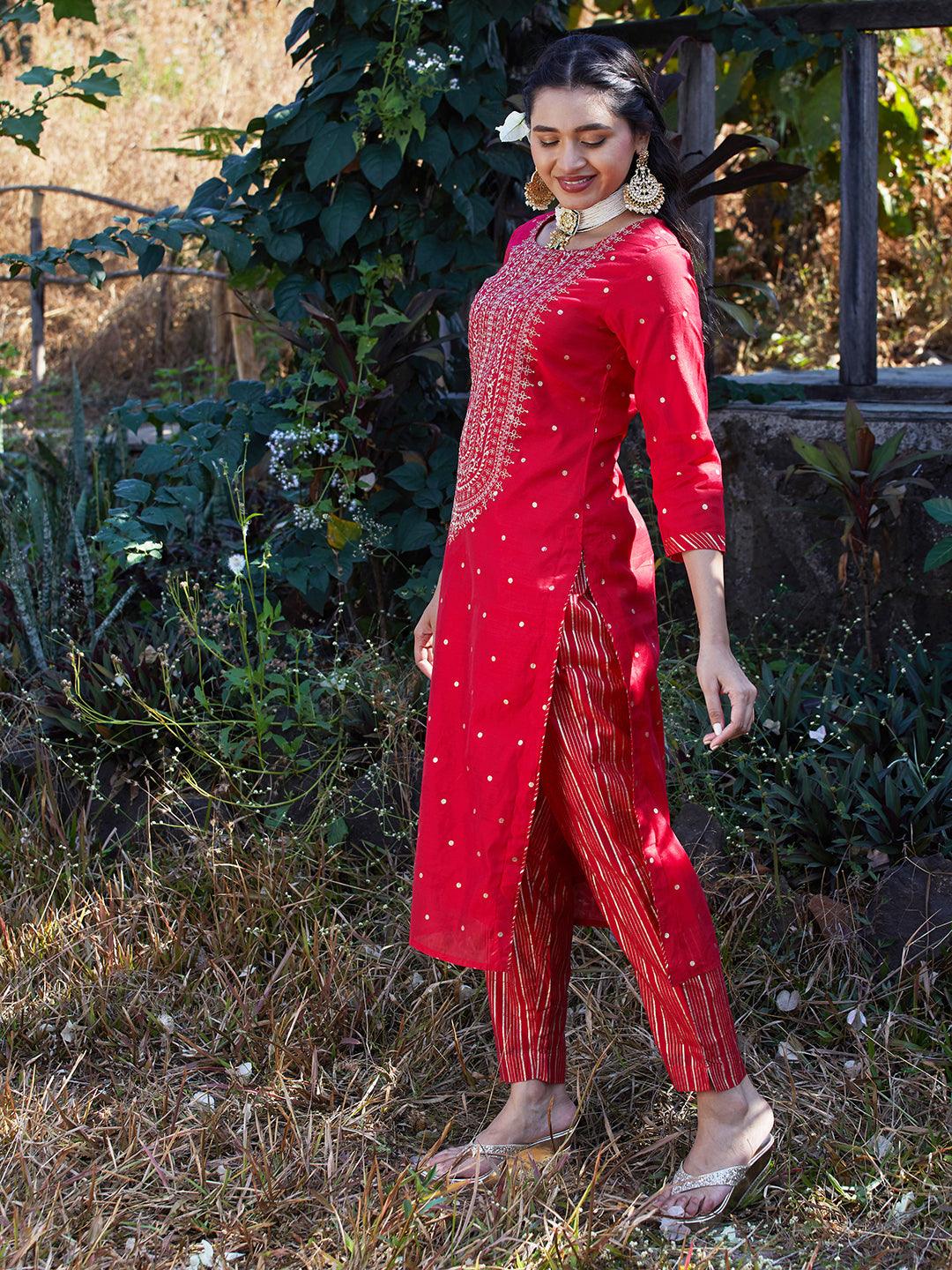 Solid Floral Embroidered Straight Fit Kurta with Pant & Dupatta - Red - Indiakreations