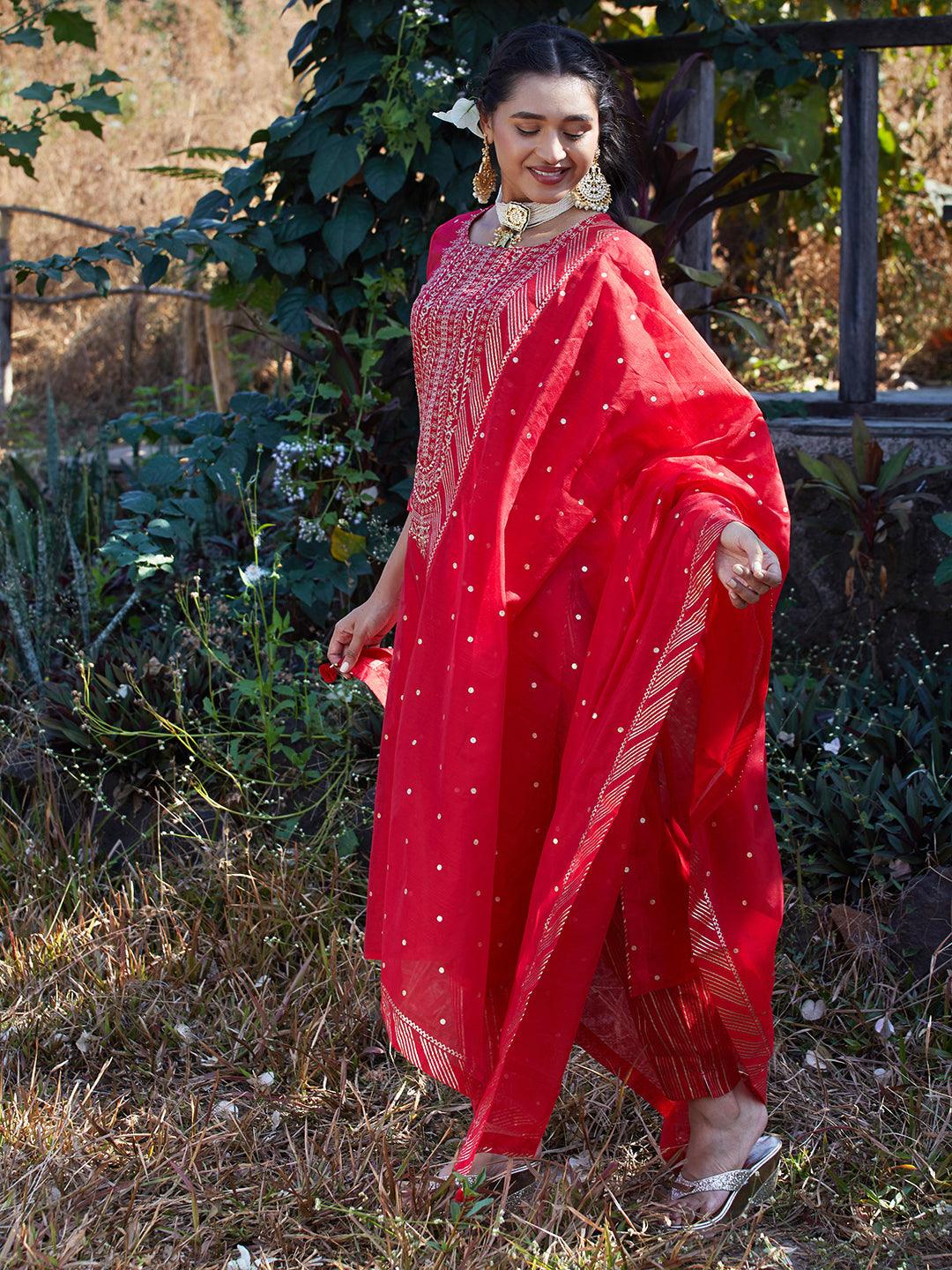 Solid Floral Embroidered Straight Fit Kurta with Pant & Dupatta - Red - Indiakreations