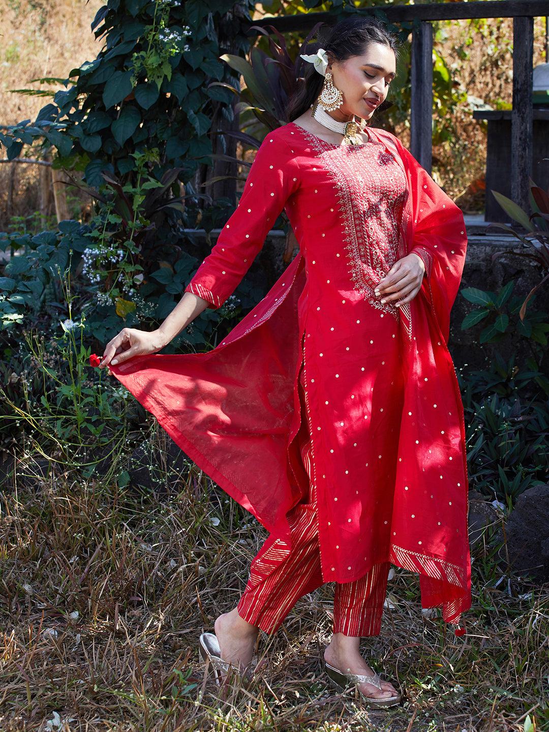 Solid Floral Embroidered Straight Fit Kurta with Pant & Dupatta - Red - Indiakreations